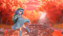 Rule 34 | 1girl, absurdres, autumn, autumn leaves, backpack, bag, blue eyes, blue footwear, blue hair, boots, hair bobbles, hair ornament, hat, highres, kawashiro nitori, key, matching hair/eyes, open mouth, raincoat, river, rubber boots, scenery, solo, touhou, twintails, two side up, wamu (chartreuse), water, waterfall