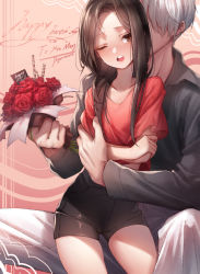 Rule 34 | 1boy, 1girl, ;d, ballpoint pen (medium), black hair, black shorts, blouse, blush, bouquet, brown eyes, collarbone, commentary, de da xianyu, flower, forehead, graphite (medium), grey hair, hair over one eye, happy birthday, highres, holding, holding bouquet, long hair, nose blush, one eye closed, open mouth, original, red shirt, shirt, short shorts, short sleeves, shorts, sitting, smile, thighs, traditional media