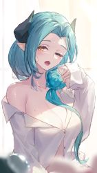 Rule 34 | 1girl, ;o, absurdres, aqua hair, backlighting, blush, breasts, brown eyes, cleavage, forehead, han (ozrfour), highres, horns, karon (vtuber), large breasts, long hair, long sleeves, looking at viewer, mole, mole on breast, nijisanji, off shoulder, one eye closed, open mouth, pointy ears, single bare shoulder, sleeves past wrists, solo, upper body, virtual youtuber, virtuareal