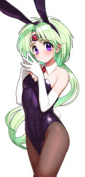 Rule 34 | 1girl, animal ears, bare shoulders, black hairband, blush, breasts, brooch, brown pantyhose, closed mouth, collar, commentary request, detached collar, elbow gloves, fake animal ears, gloves, green hair, hairband, haou taikei ryuu knight, jewelry, leotard, long hair, looking at viewer, paffy pafuricia, pantyhose, parted bangs, pettan p, playboy bunny, purple eyes, purple leotard, rabbit ears, rabbit tail, simple background, small breasts, solo, steepled fingers, strapless, strapless leotard, tail, very long hair, white background, white collar, white gloves, wing collar