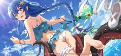 Rule 34 | 1girl, 2020, ahoge, ass, bikini, bikini skirt, blue eyes, blue hair, blue skirt, blue sky, blush, bracelet, braid, breasts, cloud, dutch angle, floating hair, from behind, hair between eyes, hair ornament, hair ribbon, highres, jewelry, lens flare, long hair, looking at viewer, looking back, mushoku tensei, open mouth, outdoors, ribbon, roxy migurdia, skirt, sky, soles, solo, star (symbol), star hair ornament, sunlight, swimsuit, tentacles, thigh strap, twin braids, twintails, very long hair, wavy mouth, white bikini, white ribbon