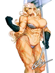Rule 34 | 1girl, abs, amazon (dragon&#039;s crown), amazon warrior, armlet, armor, bikini armor, blonde hair, breasts, circlet, dragon&#039;s crown, feathers, flexing, gloves, halberd, large breasts, long hair, minew, muscular, muscular female, polearm, solo, standing, tattoo, thick thighs, thighs, wavy hair, weapon, white background, wide hips