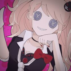Rule 34 | 1girl, bear hair ornament, black bra, black choker, black shirt, bow, bra, breasts, button eyes, buttons, choker, cleavage, collarbone, danganronpa: trigger happy havoc, danganronpa (series), emuaitu 1733, enoshima junko, grin, hair ornament, hands up, large breasts, long sleeves, pink background, red bow, red nails, shirt, smile, solo, teeth, twintails, underwear
