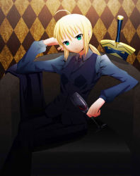 Rule 34 | 1girl, ahoge, argyle, argyle background, argyle clothes, artoria pendragon (all), artoria pendragon (fate), avalon (fate/stay night), bad id, bad pixiv id, blonde hair, cup, drinking glass, excalibur (fate/stay night), fate/zero, fate (series), formal, green eyes, h8638247, highres, long hair, pant suit, pants, ponytail, saber (fate), sheath, sheathed, solo, suit, sword, vest, waistcoat, weapon, wine glass