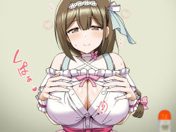 Rule 34 | 1girl, absurdres, bare shoulders, blush, bow, braid, breasts, brown eyes, brown hair, cleavage cutout, closed mouth, clothing cutout, commentary request, dress, hair bow, hair ornament, hairband, heart, highres, idol, idolmaster, idolmaster shiny colors, kuwayama chiyuki, large breasts, long hair, looking at viewer, smile, solo, suggestive fluid, sweatdrop, tomato rice, translation request