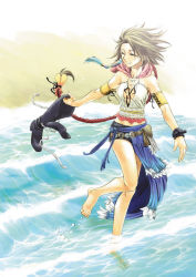 Rule 34 | 00s, 1girl, barefoot, beach, black footwear, black shorts, boots, unworn boots, bracelet, brown hair, cross-laced footwear, day, closed eyes, feet, final fantasy, final fantasy x, final fantasy x-2, hair ornament, holding, holding shoes, jewelry, kimagureneko, knee boots, lace-up boots, long hair, midriff, necklace, outdoors, shoes, shorts, smile, solo, very long hair, wading, water, yuna, yuna (ff10)