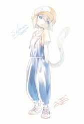 Rule 34 | 1girl, blue eyes, character name, female focus, full body, furry, furry female, hands in pockets, hat, head tilt, highres, leopard tail, original, overalls, shoes, short hair, signature, simple background, solo, standing, tail, tamanosuke, white background, white hair