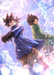 Rule 34 | 2boys, ;), ankle boots, back-to-back, backlighting, black eyes, black gloves, black hair, black legwear, blue coat, blue footwear, boots, clenched teeth, coat, covered mouth, day, dragon ball, dragon ball super, dragon ball super broly, dutch angle, facing away, frown, full body, gloves, grin, hand in pocket, high collar, highres, ice, interlocked fingers, legs apart, light particles, light rays, looking at viewer, male focus, mattari illust, messy hair, mountain, multiple boys, one eye closed, orange pants, outdoors, outstretched arms, own hands together, pants, profile, serious, smile, snow, son goku, standing, stretching, sunlight, teeth, twitter username, vegeta, vignetting, white footwear, winter clothes, winter coat