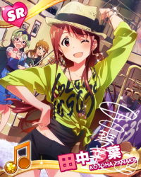 Rule 34 | 10s, 3girls, :d, ;d, beamed quavers, blue eyes, bracelet, brown eyes, brown hair, card (medium), character name, character signature, female focus, green hair, hat, idolmaster, idolmaster million live!, jewelry, kawakami tetsuya, looking at viewer, multiple girls, musical note, necklace, official art, one eye closed, open mouth, shimabara elena, signature, smile, tanaka kotoha, tokoro megumi