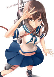 Rule 34 | 10s, 1girl, bad id, bad pixiv id, brown eyes, brown hair, fubuki (kancolle), hamizu, highres, kantai collection, looking at viewer, midriff, navel, pleated skirt, school uniform, short hair, skirt, smile, solo, thigh strap, v