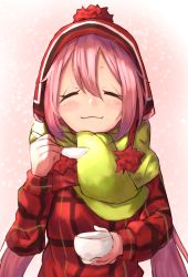 Rule 34 | 1girl, beanie, bowl, checkered clothes, checkered shirt, commentary request, closed eyes, green scarf, hair between eyes, hat, highres, kagamihara nadeshiko, long hair, pink background, pink hair, plaid, plaid shirt, scarf, shirt, sidelocks, simple background, solo, spoon, twintails, yurucamp, yuuki nao (pixiv10696483)