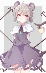 Rule 34 | 1girl, animal ears, capelet, closed mouth, cowboy shot, dowsing rod, grey background, grey hair, grey skirt, grey vest, highres, jewelry, light smile, long sleeves, looking at viewer, mouse (animal), mouse ears, mouse tail, nankotsu, nazrin, pendant, red eyes, shirt, short hair, skirt, skirt set, solo, tail, touhou, vest, white shirt