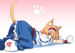 Rule 34 | 1girl, alice margatroid, animal ears, animal hands, ass, blonde hair, blue dress, blue eyes, blush, capelet, cat day, cat ears, cat tail, commentary, dress, feet out of frame, gloves, gradient background, hairband, highres, ichimura kanata, kemonomimi mode, lolita hairband, looking back, on floor, paw gloves, paw print, red hairband, short hair, solo, tail, touhou