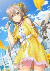 Rule 34 | 1girl, aimori meguru, bad id, bad pixiv id, blue eyes, blue sky, blurry, blurry background, blurry foreground, bow, breasts, cloud, collarbone, commentary request, day, depth of field, diffraction spikes, dress, dutch angle, fence, floral print, flower, green bow, hair between eyes, hair bow, hair flower, hair ornament, hairclip, highres, holding, long hair, long sleeves, looking at viewer, medium breasts, moe2018, original, outdoors, panties, print dress, ramune, see-through, sidelocks, sky, solo, sunflower, sunflower hair ornament, underwear, very long hair, wet, white bow, white panties, windmill, yellow dress, yellow flower