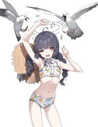 Rule 34 | 1girl, absurdres, ahoge, animal, armpits, arms up, bare shoulders, bird, black hair, blue archive, blush, braid, brown hat, controlline3, cowboy shot, flat chest, grey halo, halo, hat, highres, leaf, leaf on head, leaf print, long hair, miyu (blue archive), miyu (swimsuit) (blue archive), navel, open mouth, print swimsuit, red eyes, ribbon, seagull, simple background, solo, standing, straw hat, struggling, swimsuit, tearing up, twin braids, white background, white ribbon