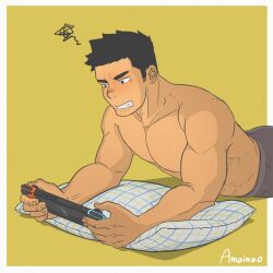 Rule 34 | 1boy, amaimao, bara, blush, boxers, clenched teeth, grey male underwear, handheld game console, highres, holding, holding handheld game console, large pectorals, lying, male focus, male underwear, muscular, muscular male, nintendo switch, on stomach, original, pectorals, pillow, short hair, solo, squiggle, teeth, topless male, underwear, yellow background