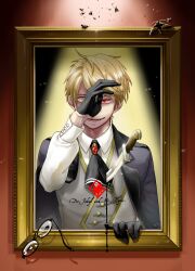 Rule 34 | 1boy, aqua eyes, ascot, black ascot, black blood, black gloves, black jacket, blonde hair, blood, brooch, bug, character name, choki, collared shirt, dual persona, evil smile, fate/grand order, fate (series), glasses, gloves, grey vest, hair between eyes, half gloves, hand up, heterochromia, highres, insect, jacket, jacket on shoulders, jekyll and hyde (fate), jewelry, knife, looking at viewer, moth, parted lips, picture frame, red eyes, shirt, short hair, smile, solo, spotlight, stab, tearing up, through medium, through painting, uneven eyes, unworn eyewear, upper body, vest, white shirt, wide-eyed