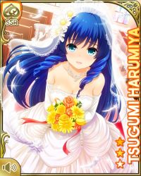 Rule 34 | 1girl, bare shoulders, blue hair, bouquet, breasts, card (medium), character name, day, dress, female focus, flower, girlfriend (kari), green eyes, hair flower, hair ornament, harumiya tsugumi, indoors, looking at viewer, official art, open mouth, qp:flapper, rose, shirt, short hair, smile, solo, standing, tagme, wedding dress, white dress, white flowers, white headwear, yellow flower