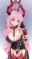 Rule 34 | 1girl, 82jhin, ?, absurdres, between breasts, black gloves, blue archive, bra, bra peek, breasts, cleavage, coin, coin on string, cowboy shot, demon horns, detached collar, fangs, garter straps, gloves, half gloves, halo, highres, holed coin, horns, huge breasts, hypnosis, hypnotizing viewer, large breasts, long hair, long sleeves, looking at viewer, mind control, mole, mole on breast, multicolored horns, necktie, necktie between breasts, open mouth, pink hair, red bra, red garter straps, red halo, red horns, red necktie, red thighhighs, red wrist cuffs, solo, standing, teeth, thighhighs, two-tone horns, underwear, wrist cuffs