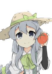 Rule 34 | 10s, 1girl, bad id, bad twitter id, blue eyes, grey hair, hat, highres, kantai collection, long hair, ooyama imo, smile, solo, straw hat, tomato, uniform, yamagumo (kancolle)
