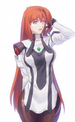 Rule 34 | 1girl, bad id, bad pixiv id, blue eyes, breasts, elhaym van houten, fateline alpha, hand in own hair, highres, large breasts, lips, long hair, pantyhose, parted lips, red hair, solo, white background, xenogears
