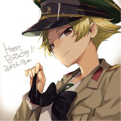 Rule 34 | 1girl, adjusting neckwear, black bow, black bowtie, blonde hair, blouse, bow, bowtie, brown eyes, brown jacket, closed mouth, commentary, dated, english text, erwin (girls und panzer), girls und panzer, goggles, goggles on headwear, green hat, half-closed eyes, happy birthday, hat, jacket, long sleeves, looking at viewer, military hat, military jacket, ooarai school uniform, open clothes, open jacket, peaked cap, pointy hair, portrait, school uniform, serafuku, shinaso (sachi-machi), shirt, short hair, smile, solo, white shirt