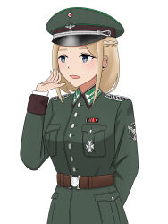 Rule 34 | 1girl, absurdres, arm behind back, badge, belt, belt buckle, black hat, blonde hair, blue eyes, braid, breasts, brown belt, brown hat, buckle, buttons, collar tabs, commentary, cross, emblem, epaulettes, german commentary, green hat, green jacket, haepi-l, hand up, hat, hat ornament, highres, jacket, logo, long sleeves, looking to the side, medium breasts, multicolored clothes, multicolored hat, nazi, open mouth, ordnungspolizei, original, patch, peaked cap, pocket, police, police hat, police uniform, policewoman, reichsadler, ribbon bar, short hair, sidelocks, simple background, single braid, sleeve cuffs, smile, solo, swastika, uniform, upper body, white background, white jacket, world war ii