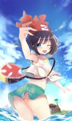 Rule 34 | 10s, 1girl, arm up, ass, bad id, bad pixiv id, bag, black hair, blue eyes, blurry, bra, chromatic aberration, cloud, coconut tree, creatures (company), day, depth of field, from behind, game freak, hat, highres, house, looking back, midriff, motion blur, nintendo, ocean, one eye closed, open mouth, palm tree, panties, pokemon, pokemon sm, sakurano shiyue, selene (pokemon), shirt, short hair, short shorts, shorts, sky, smile, solo, starelf, thighs, tree, underwear, upshorts, wading, water, white panties, wind, wind lift
