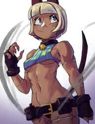 Rule 34 | 1girl, absurdres, animal ears, bell, belt, blue eyes, bob cut, breasts, cat ears, cat tail, claws, collar, crop top, dark-skinned female, dark skin, facial scar, fingerless gloves, gloves, highres, moxydraws, ms. fortune (skullgirls), panties, pouch, revealing clothes, scar, scar on cheek, scar on face, short hair, simple background, skullgirls, small breasts, tail, underboob, underwear, utility belt, white background, white hair