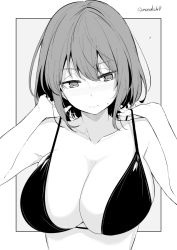 Rule 34 | 1girl, breasts, cleavage, closed mouth, collarbone, greyscale, kichihachi, large breasts, monochrome, original, short hair, solo, twitter username, upper body, wavy mouth