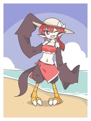 Rule 34 | 1girl, animal ears, bare shoulders, beach, big o pants, bikini, bird ears, bird legs, black feathers, black wings, blush stickers, bow, bright pupils, feathers, fio-chan (big o pants), harpy, hat, hat bow, highres, long hair, midriff, monster girl, navel, one eye closed, open mouth, original, outdoors, red bikini, red eyes, red hair, red sarong, sarong, solo, sun hat, swimsuit, talons, white pupils, winged arms, wings