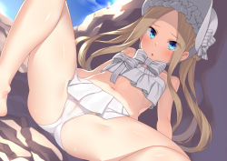 Rule 34 | 1girl, :o, abigail williams (fate), abigail williams (swimsuit foreigner) (fate), abigail williams (swimsuit foreigner) (third ascension) (fate), against rock, bare legs, bare shoulders, barefoot, bikini, bikini skirt, blush, bonnet, bow, braid, breasts, brown hair, cameltoe, commentary request, day, dutch angle, fate/grand order, fate (series), feet out of frame, forehead, hair bow, long hair, lying, navel, on back, on ground, outdoors, parted bangs, parted lips, racer (magnet), sidelocks, small breasts, solo, spread legs, stomach, strapless, strapless bikini, striped, striped bow, swimsuit, thighs, twintails, very long hair, white bikini, white bow, white headwear
