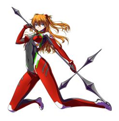 Rule 34 | 1girl, artist request, blue eyes, covered navel, covered erect nipples, eyebrows hidden by hair, frown, full body, heyzan, highres, holding, holding lance, holding polearm, holding weapon, lance, long hair, looking to the side, neon genesis evangelion, orange hair, pilot suit, plugsuit, polearm, rebuild of evangelion, skin tight, solo, souryuu asuka langley, twintails, two side up, v-shaped eyebrows, weapon