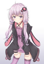 Rule 34 | 1girl, akira (been0328), animal hood, bad id, bad pixiv id, black jacket, blush, closed mouth, collarbone, commentary request, criss-cross halter, dress, gradient background, grey background, hair ornament, halterneck, hood, hood down, hooded jacket, jacket, long hair, long sleeves, looking at viewer, low twintails, open clothes, open jacket, purple dress, purple eyes, purple hair, purple thighhighs, rabbit hood, sleeves past wrists, smile, solo, thighhighs, twintails, very long hair, vocaloid, voiceroid, white background, yuzuki yukari