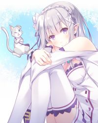Rule 34 | 10s, 1boy, 1girl, animal, bare shoulders, blush, braid, breasts, cat, cleavage, commentary request, crossed arms, earrings, elf, emilia (re:zero), eyebrows, flower, hugging own legs, itoichi., jewelry, looking at viewer, md5 mismatch, necklace, pack (re:zero), pleated skirt, pointy ears, puck (re:zero), purple eyes, re:zero kara hajimeru isekai seikatsu, resolution mismatch, silver hair, skirt, smile, source larger, thighhighs, white skirt, white thighhighs, zettai 