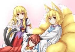 Rule 34 | 3girls, adapted costume, alternate eye color, animal ear fluff, animal ears, armband, between legs, blonde hair, blush, bow, brown hair, cat ears, chen, dress, flame print, fluffy, fox ears, fox tail, gradient background, hair bow, hand on own cheek, hand on own face, horokusa (korai), long hair, long sleeves, looking at viewer, lying on person, multiple girls, multiple tails, no headwear, orange eyes, pink background, red dress, red eyes, short hair, simple background, sitting, sleeveless, sleeveless dress, smile, squatting, tabard, tail, touhou, two tails, very long hair, white background, white dress, yakumo ran, yakumo yukari, yellow eyes
