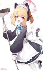 Rule 34 | 1girl, absurdres, animal ear headphones, animal ears, black footwear, blonde hair, blue archive, blue ribbon, broom, cat ear headphones, fake animal ears, hair ribbon, halo, headphones, highres, holding, holding broom, long sleeves, looking at viewer, maid, maid headdress, momoi (blue archive), momoi (maid) (blue archive), official alternate costume, open mouth, pantyhose, poinia, red eyes, red halo, red ribbon, ribbon, shoes, short hair, smile, solo, tail, twitter username, white background, white pantyhose