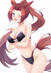 Rule 34 | 1girl, ;d, animal ears, bare arms, bare shoulders, bikini, black bikini, blue eyes, breasts, cleavage, cowboy shot, crossed arms, forehead, highres, horse ears, horse girl, horse tail, kawakami princess (umamusume), large breasts, long hair, looking at viewer, miya star saa, navel, one eye closed, open mouth, ponytail, simple background, smile, solo, strapless, strapless bikini, swimsuit, tail, umamusume, very long hair, white background