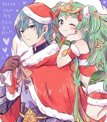 Rule 34 | 1boy, 1girl, armor, bare shoulders, black armor, blue background, blush, bow, braid, brown gloves, byleth (fire emblem), byleth (male) (fire emblem), cape, christmas, christmas ornaments, closed mouth, commentary request, dress, fire emblem, fire emblem: three houses, fire emblem heroes, floating, fur-trimmed cape, fur-trimmed dress, fur trim, gloves, green eyes, green hair, green ribbon, hair between eyes, hair ornament, hair ribbon, hat, heart, highres, holding, holding sack, long hair, looking at viewer, navel, nintendo, one eye closed, pointy ears, red bow, red cape, red dress, red ribbon, ribbon, ribbon braid, sack, santa costume, santa hat, short hair, simple background, smile, sothis (fire emblem), sothis (winter) (fire emblem), star (symbol), tiara, twin braids, yataba