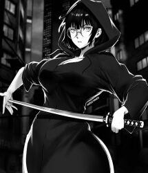 1girl artist_name bob_cut breasts cup durarara!! glasses greyscale holding holding_cup holding_sword holding_weapon hood hoodie katana large_breasts long_sleeves miss_faves monochrome partially_colored short_hair solo sonohara_anri sword weapon