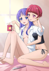 Rule 34 | 2girls, :p, aged up, arm up, bare legs, bare shoulders, barefoot, bed, bed sheet, bedroom, black camisole, black panties, blue eyes, blush, camisole, collarbone, commentary request, covered erect nipples, crescent moon, cup, earrings, hand on another&#039;s head, highres, holding, holding cup, hoshina hikaru, hug, hug from behind, implied pregnancy, indoors, jewelry, kaguya madoka, knees up, long hair, long sleeves, looking at another, looking at viewer, midriff, moon, mug, multiple girls, naked shirt, no bra, no panties, on bed, open clothes, open shirt, panties, pink eyes, pink hair, precure, pregnancy test, purple hair, shiny skin, shirt, short hair, side-tie panties, sitting, sleeveless, smile, star (symbol), star earrings, star twinkle precure, steam, strap slip, thighs, tongue, tongue out, tooo, underwear, wariza, white shirt, window, yuri