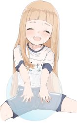 Rule 34 | 1girl, :d, ^ ^, ball, blue shorts, blush, closed eyes, commentary request, closed eyes, facing viewer, female focus, forehead, gym shirt, gym shorts, gym uniform, ichihara nina, idolmaster, idolmaster cinderella girls, light brown hair, long hair, looking at viewer, open mouth, ripu (lipi), shirt, short shorts, short sleeves, shorts, simple background, sitting, smile, solo, spread legs, teeth, thick eyebrows, transparent, upper teeth only, very long hair, white background, white shirt