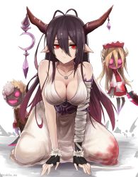 Rule 34 | 10s, 1girl, antenna hair, bandages, bandaged arm, bandages, black gloves, black hair, breasts, cleavage, crescent, danua, doll, draph, dress, female focus, fingerless gloves, gloves, granblue fantasy, hair between eyes, highres, horn ornament, horns, jewelry, large breasts, long hair, looking at viewer, necklace, pointy ears, red eyes, solo, white dress, yukihama