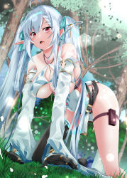 Rule 34 | 1girl, all fours, armlet, belt, black belt, black gloves, black panties, black thighhighs, bracelet, braid, breasts, cleavage cutout, clothing cutout, collarbone, commentary request, crescent, cross, detached sleeves, dress, elf, falling leaves, forest, french braid, from below, full body, gloves, grass, green ribbon, hair ribbon, hair rings, holster, jewelry, large breasts, leaf, lens flare, looking at viewer, multicolored hair, nature, open clothes, original, panties, pantyshot, pointy ears, red eyes, ribbon, ring, shirosuzu, shoulder tattoo, sidelocks, single thighhigh, sky, sleeveless, solo, sunlight, tattoo, thigh holster, thighhighs, tree, twintails, two-tone hair, underboob, underwear, white dress, white hair, white sleeves, wide sleeves