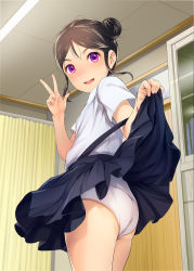 Rule 34 | 1girl, ass, bare shoulders, black skirt, blush, brown hair, clothes lift, commentary request, double bun, flat ass, hair bun, lifting own clothes, looking at viewer, looking back, open mouth, original, panties, purple eyes, school uniform, shirt, short sleeves, skirt, skirt lift, smile, sody, solo, standing, suspender skirt, suspenders, underwear, v, white panties, white shirt
