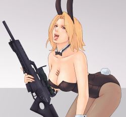 Rule 34 | 1girl, alva, animal ears, assault rifle, between breasts, blonde hair, bow, bowtie, breasts, bullet, civilian rifle, cleavage, cuffs, fake animal ears, female focus, gun, h&amp;k g36, heckler &amp; koch, leotard, necktie, pantyhose, playboy bunny, rabbit ears, rabbit tail, rifle, scope, semi-automatic firearm, sl8, sniper rifle, solo, tail, tongue, weapon