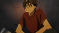 Rule 34 | animated, animated gif, third-party edit, highschool of the dead, komuro takashi, lowres, male focus, sexually suggestive, shirt, short hair, sitting, solo, third-party edit