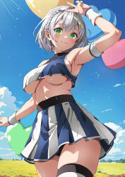 Rule 34 | 1girl, absurdres, arm up, armband, armpits, balloon, blue skirt, blue sky, braid, breasts, cheerleader, commentary request, crop top, green eyes, grey hair, heart balloon, highres, hololive, isakoro (hx9cj), large breasts, looking at viewer, midriff, navel, outdoors, pleated skirt, shirogane noel, short hair, single braid, skirt, sky, solo, thighhighs, two-tone skirt, underboob, v, virtual youtuber, white skirt