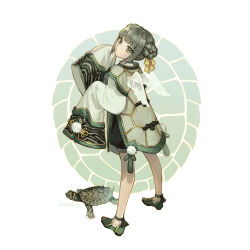 Rule 34 | 1girl, angel wings, animal, artist name, black shorts, chinese clothes, collared shirt, creature and personification, double bun, frilled sleeves, frills, from behind, full body, green eyes, green footwear, green hair, grey hair, hair bun, hair ribbon, hands up, highres, legs apart, looking at viewer, looking back, original, personification, pom pom (clothes), ribbon, shirt, shoes, shorts, sidelocks, signature, sleeves past fingers, sleeves past wrists, standing, tabard, tarantulaines, tassel, toggles, tortoise, transparent wings, turtle, updo, white shirt, white wings, wide sleeves, wings, yellow ribbon