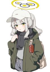 Rule 34 | 1girl, absurdres, backpack, bag, black scarf, blue archive, blush, green eyes, green jacket, grey shorts, halo, hand in pocket, hare (blue archive), hare (camp) (blue archive), hat, highres, hood, hood down, hooded jacket, jacket, long hair, long sleeves, nakare2845, official alternate costume, open clothes, open jacket, open mouth, ponytail, scarf, shirt, shorts, simple background, solo, upper body, white background, white hair, white hat, white shirt